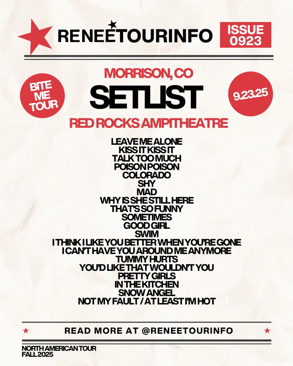 ReneeRappSource's tweet photo. ★ @reneerapp’s setlist for opening night of the #BITEMETOUR ★ https://t.co/T5KXCcSP9Q