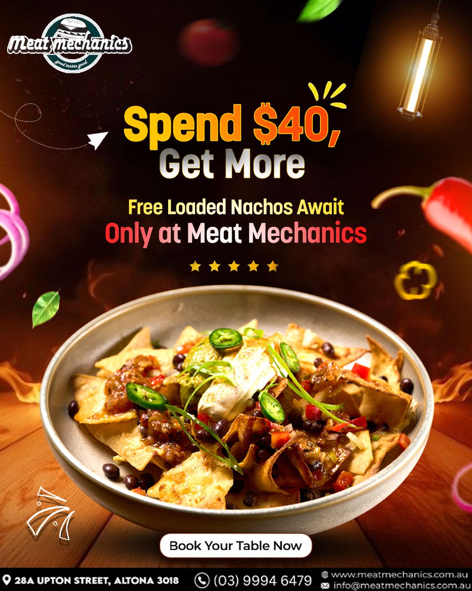 MechanicsMeat's tweet image. Level up your meal game with the best restaurant in Altona! 🌮 Spend $40 at Meat Mechanics and grab FREE loaded nachos – cheesy, crunchy, and totally irresistible!

🌐meatmechanics.com.au
☎0399946479

#MeatMechanics #FreeNachos #CheeseLovers #SnackTime #FoodieAlert