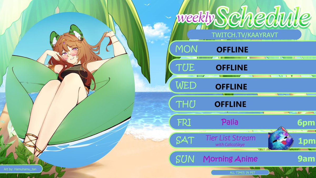 KaayraVT's tweet photo. 🏖️Weekly Schedule🏖️  

*we are going to pretend like this has been posted here since Sunday*

Sept 22 - Sept 28

☀️FRI - Palia (Fall Fantasy: Of Barns &amp; Briars Update)

☀️SAT -  Tier List w/ @calico_skye 

☀️SUN - (DISCORD) Morning Anime

#KneecapCollecting https://t.co/kXclwNAPsW