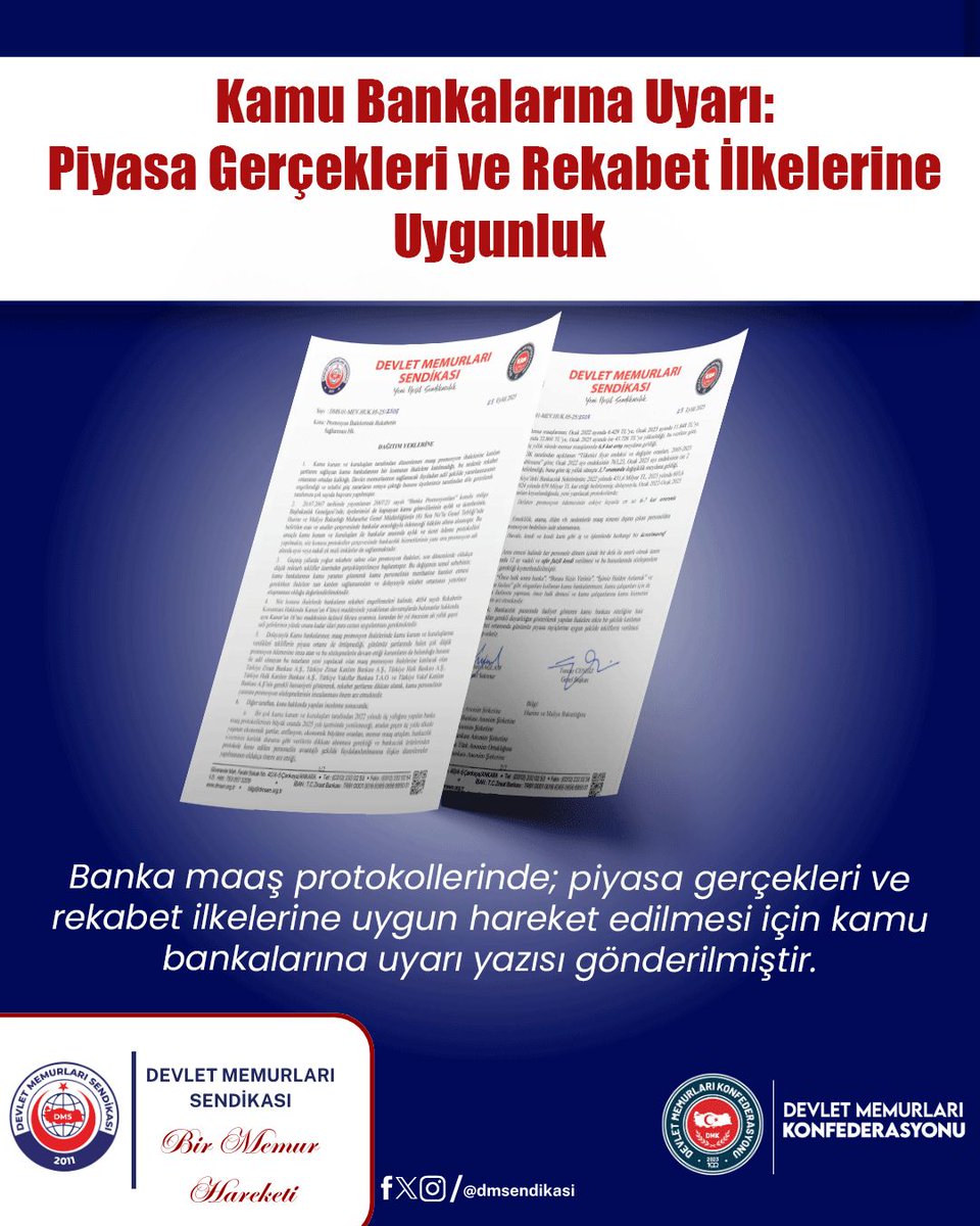 BANKA MAAŞ PROTOKOLLERİNDE; PİYASA GERÇEKLERİ VE REKABET İLKELERİNE UYGUN HAREKET EDİLMESİ İÇİN KAMU BANKALARINA UYARI YAZISI GÖNDERİLMİŞTİR.

2025 yılı içerisinde yapılan banka maaş promosyon ihalelerinde, Türkiye Ziraat Bankası A.Ş., Türkiye Ziraat Katılım Bankası A.Ş., Türkiye