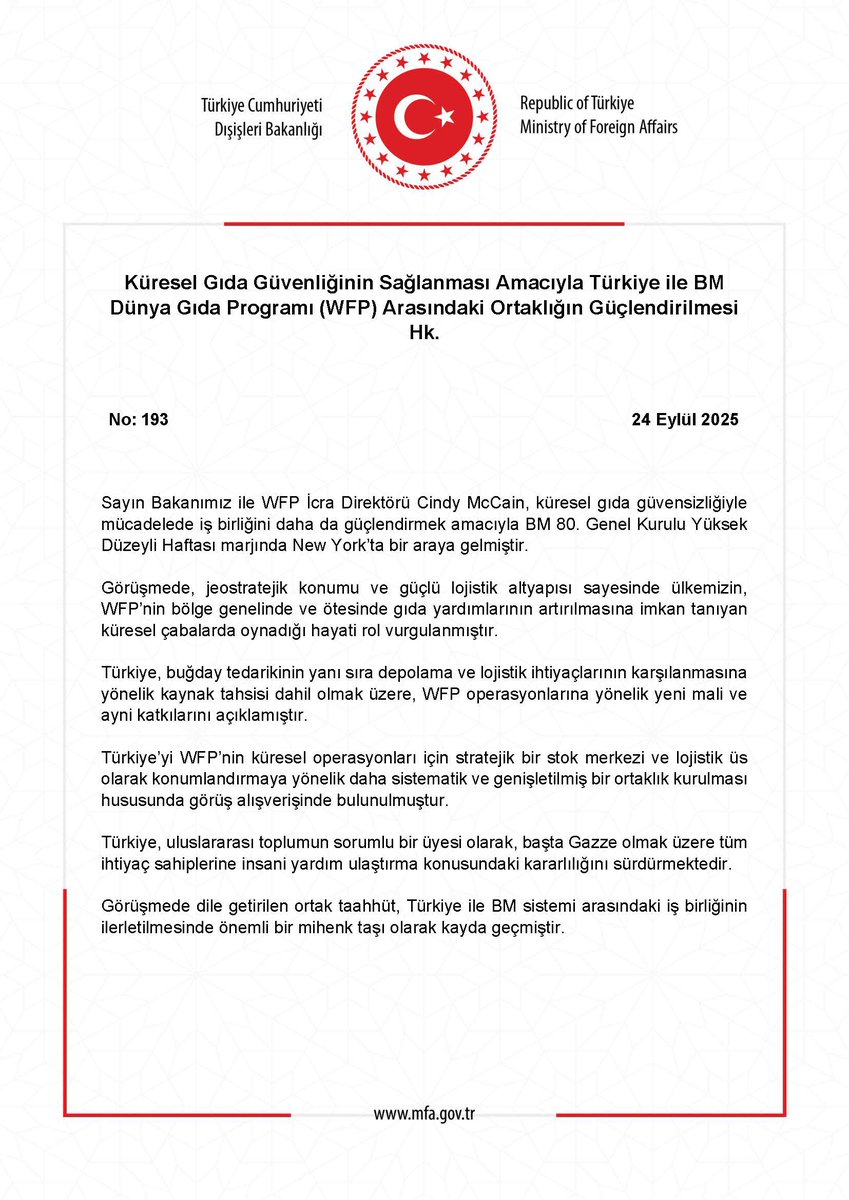 Küresel Gıda Güvenliğinin Sağlanması Amacıyla Türkiye ile BM Dünya Gıda Programı (WFP) Arasındaki Ortaklığın Güçlendirilmesi Hk. mfa.gov.tr/no_-193_-kures…