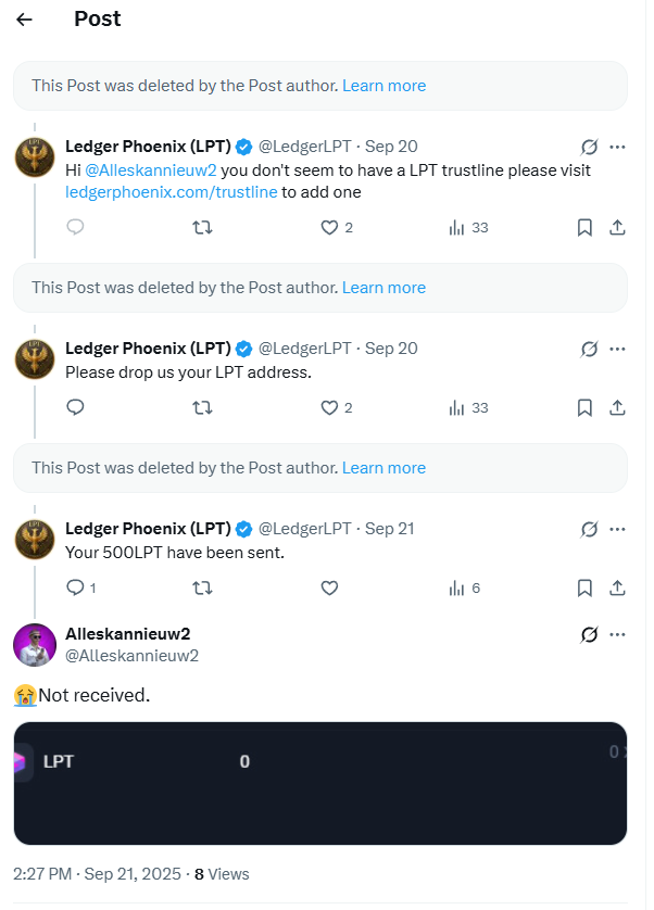 LedgerLPT's tweet photo. @Alleskannieuw2 Hi @Alleskannieuw2 , Please undo your post deletion so we can see your true wallet address you sent us. That is the address you gave us to sent the LPT to. https://t.co/b5TPXMG4be