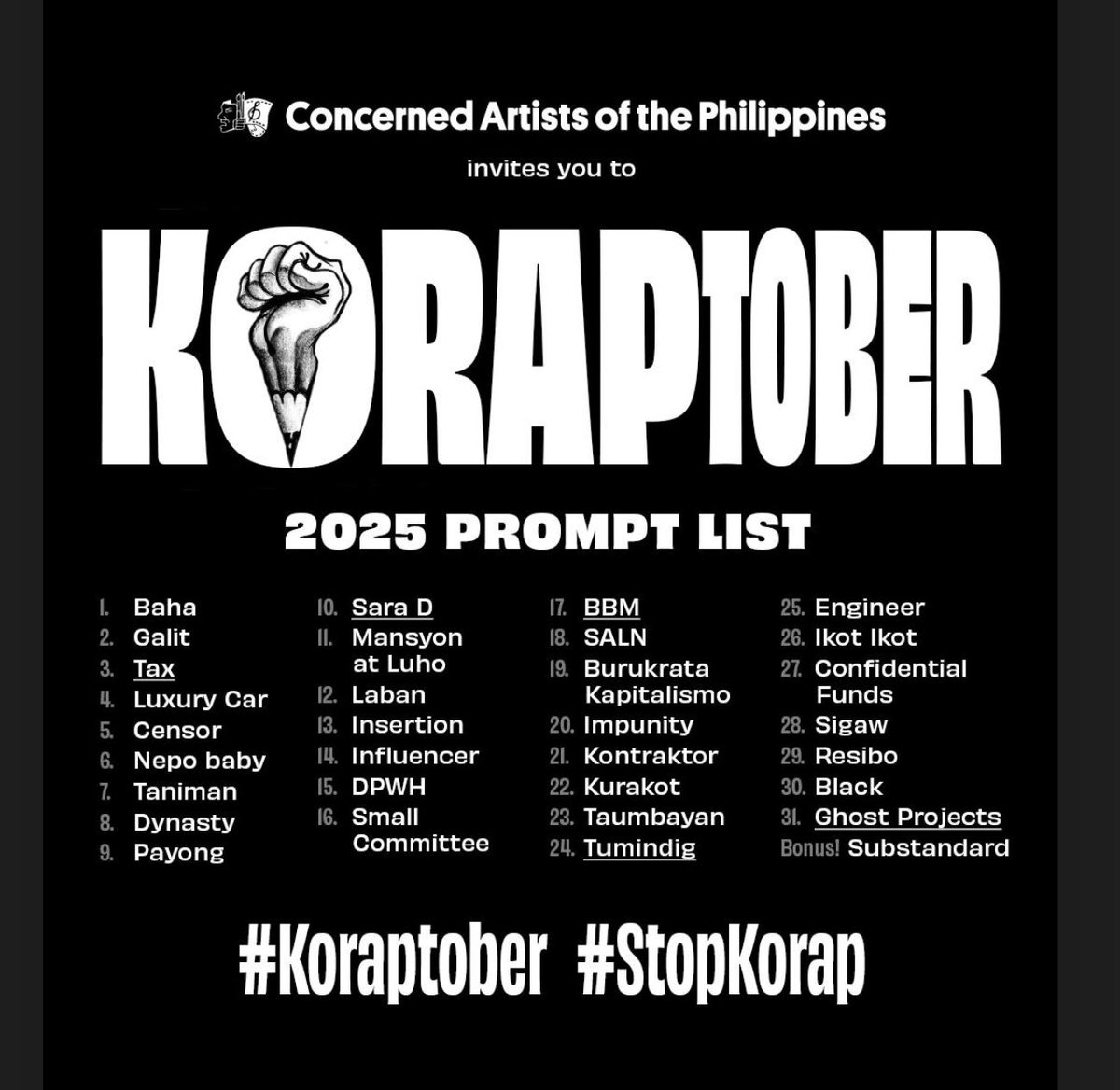 tokwap's tweet image. Guys sali kayo sa drawing challenge for October! Bahain natin ng mga likha kontra korapsyon ang social media! I also designed the icon for this drawing challenge! #stopkorap #koraptober