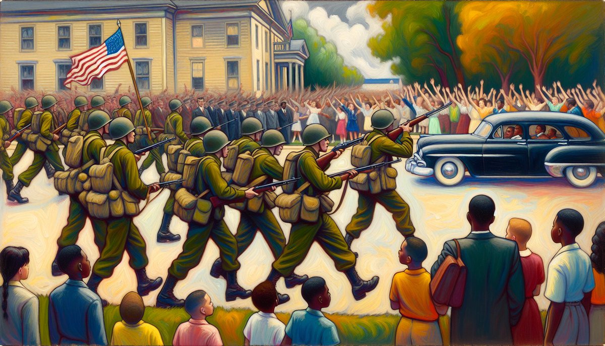 NftsDm's tweet image. 1957: U.S. Army deploys troops to enforce school integration in Little Rock, Arkansas. 
#CivilRights #SchoolIntegration #OKeeffeArt #OnThisDay