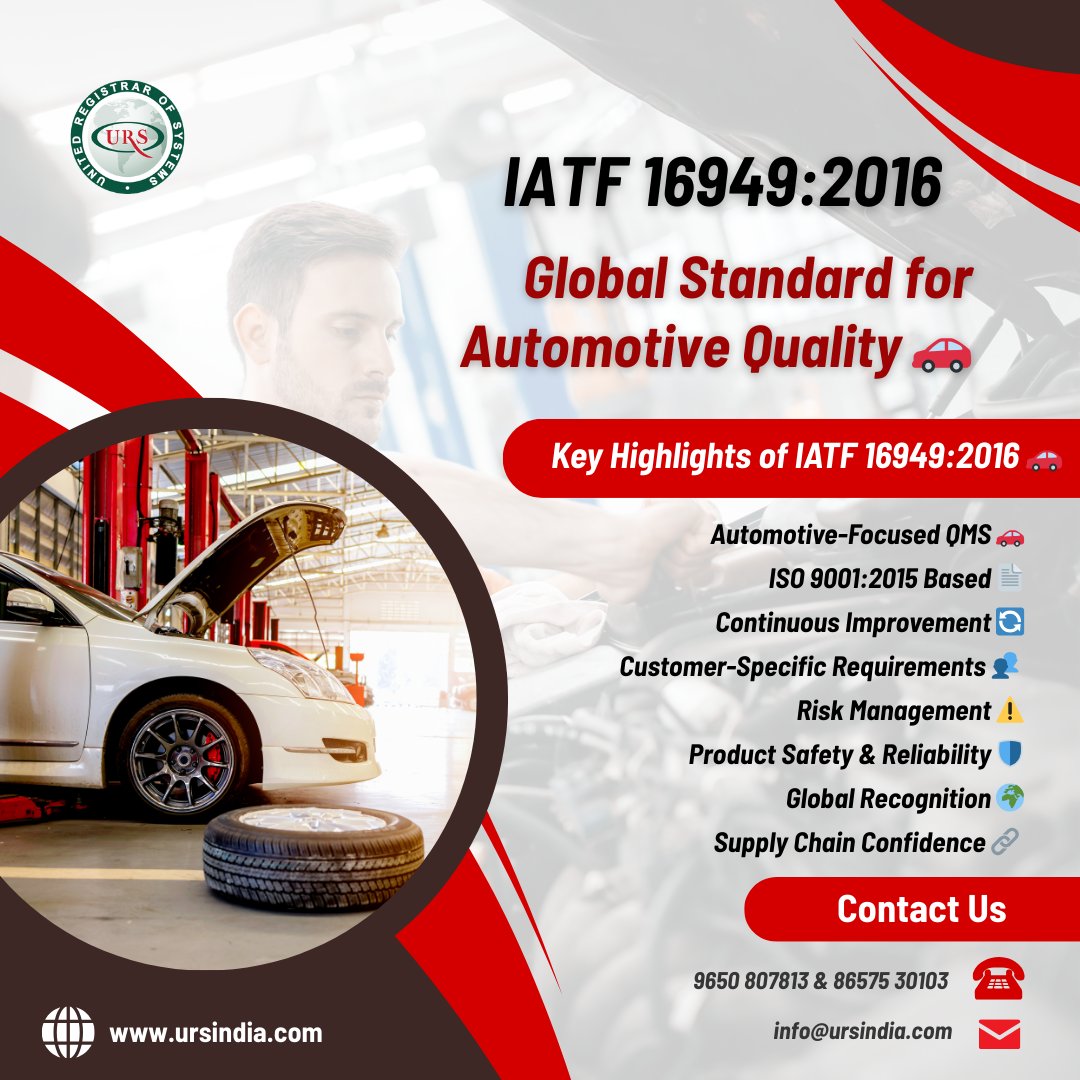 IATF 16949:2016 is the global quality management standard for the automotive industry. It ensures safety, reliability, and continuous improvement across the automotive supply chain.

#iatfcertification #iatf16949certification #automotive #iatf169492016 #ursindia