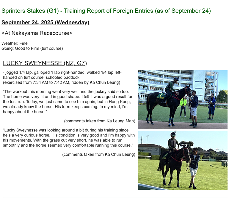 HorseRacing_JPN's tweet photo. Sprinters Stakes (G1) - Training Report of Foreign Entries (as of September 24)
Lucky Sweynesse
https://t.co/PPxiAyNji6
#horseracing #jra #SprintersStakes @HKJC_Racing https://t.co/XDCJg3n3xk