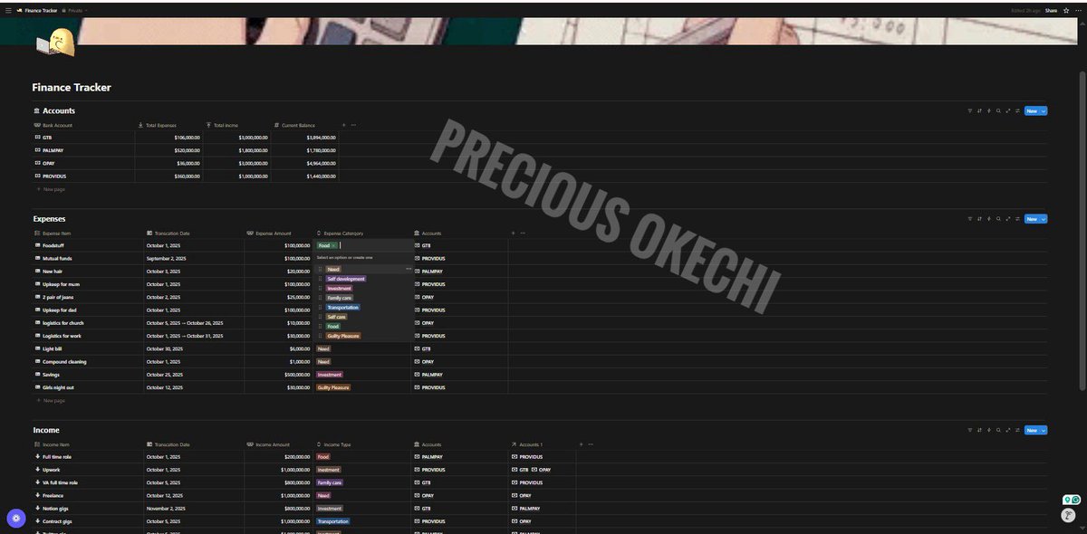 OkechiPrecious_'s tweet image. I used to feel lost with money.
Money came in and money went out.
And it always felt like, where did it go?
Turns out, I didn’t have a money problem.
I had a money clarity problem.
So I built a Financial Tracker in Notion and for clarity.
#notion #buildinginpublic