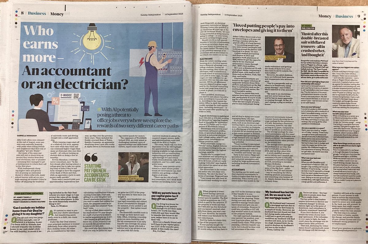 DCTallaghtC's tweet photo. Who earns more money – your electrician or your accountant?
Very interesting article about #GenerationApprenticeship in the Irish Independent published on 14/09/25, enjoy the reading 📖 
@apprenticesIrl @ddletb @ThisisFet #earnasyoulearn 
￼ https://t.co/NhuhzHnt9B