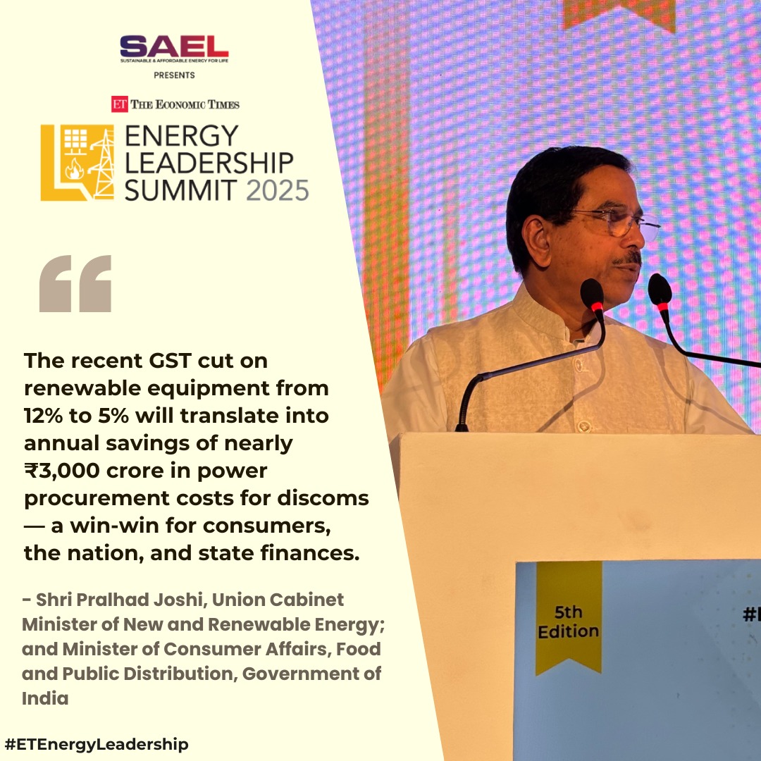 At the #ETEnergyLeadership Summit 2025, Union Cabinet Minister Shri Pralhad Joshi shared his exclusive insights on the effect of GST cut on renewable equipment. 

Know More: shorturl.at/rnol5

#ETEnergyWorld #ETEnergyLeadership #EnergyLeadership2025 #IndiaEnergyTransition