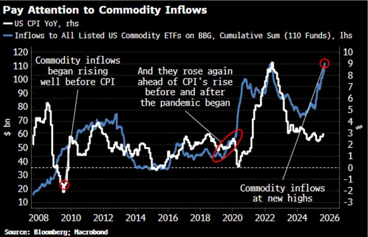 RonStoeferle's tweet photo. Interesting chart by #SimonWhite for Bloomberg:
"Inflows into commodities have been rising for most of this year and at an accelerating pace, with that also seen ahead of inflation’s rapid ascents in 2020/21 and 2009. This is a message it would be wise not to ignore."
#GotCommodities?
@TaviCosta @wmiddelkoop @PauloMacro @ferg_trader