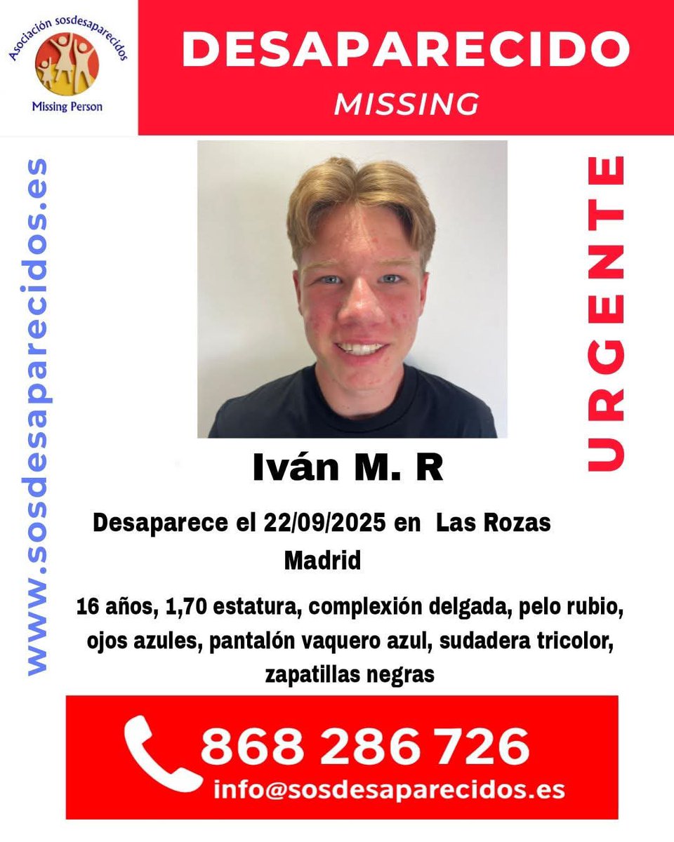 Ayúdanos a encontrar a Iván, uno de nuestros chicos, se escapó el lunes del hospital de día en las Rozas, la policía cree que está en Madrid.
Se escapó con lo puesto, sin móvil, sin dinero.
Necesita medicación.
Es muy vulnerable.
Si lo ves o tienes alguna pista, contacta 🙏🏻🙏🏻🙏🏻
