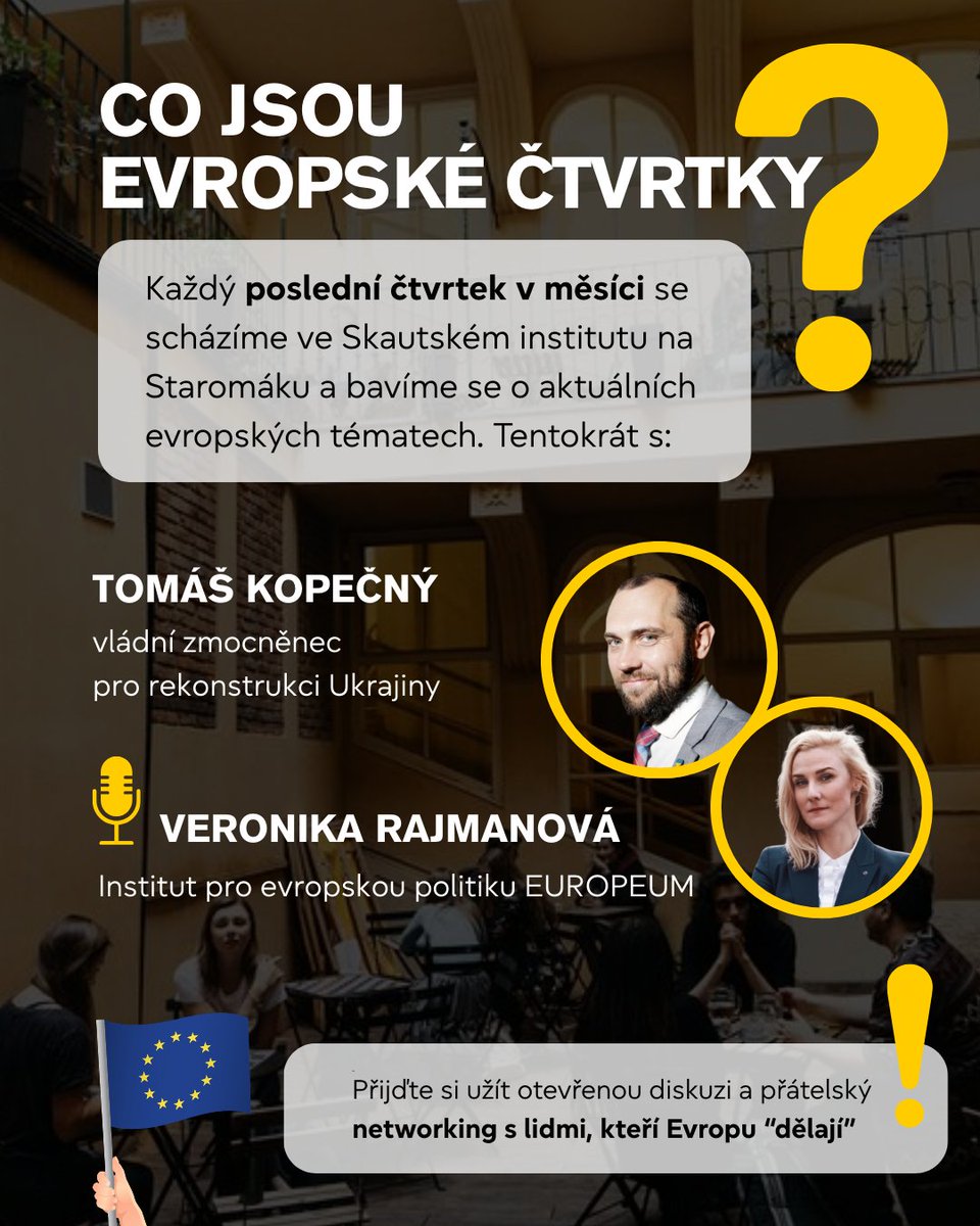 Už zítra! 

🇪🇺Další Evropský čtvrtek ve Skauťáku se blíží! Pojďte diskutovat o Evropě a poznat nové lidi.

Každý poslední čtvrtek v měsíci se potkáváme na dvorku Skautského institutu, kde společně rozebíráme aktuální evropská témata a dáváme prostor otevřené diskuzi. Tentokrát s