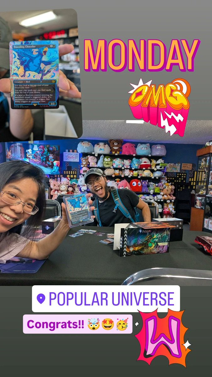PopUniShop's tweet photo. Super stoked for Tim pulling a Neon Blue 💙 Traveling Chocobo!!! Amazing pull!! 🤯🥳
We're glad that you heard it calling out to you ~ Kweh! 🐥 We are always happy to see our awesome peeps getting the HITS! 🤩 
And of course Angela had to take selfies with it 😂 #mtg https://t.co/WtGxX8DLbF