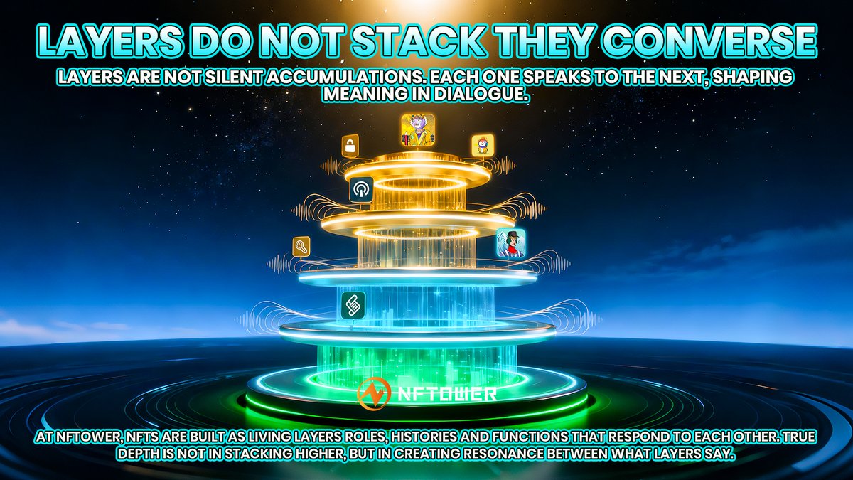 NFTOWER_'s tweet image. 🧩 Layers aren’t silent. They converse.
🖼 At NFTower, NFTs don’t just stack, they respond to one another. 
💱 Roles, histories and functions interact, creating resonance that lasts.
🔼 Depth isn’t height. It’s dialogue.

#NFTOWER #NFTDesign #Layers #Web3Culture #DigitalDialogue