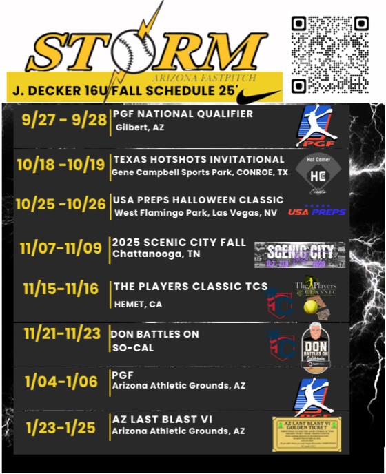 AZStormJDecker's tweet photo. 🥎!!FALL TOURNAMENT UPDATE!!🥎

*Added Don Battles TCS Tourney-So-Cal in November.
*PGF National Qualifier-AZ in September https://t.co/Rjf3nm9wbv