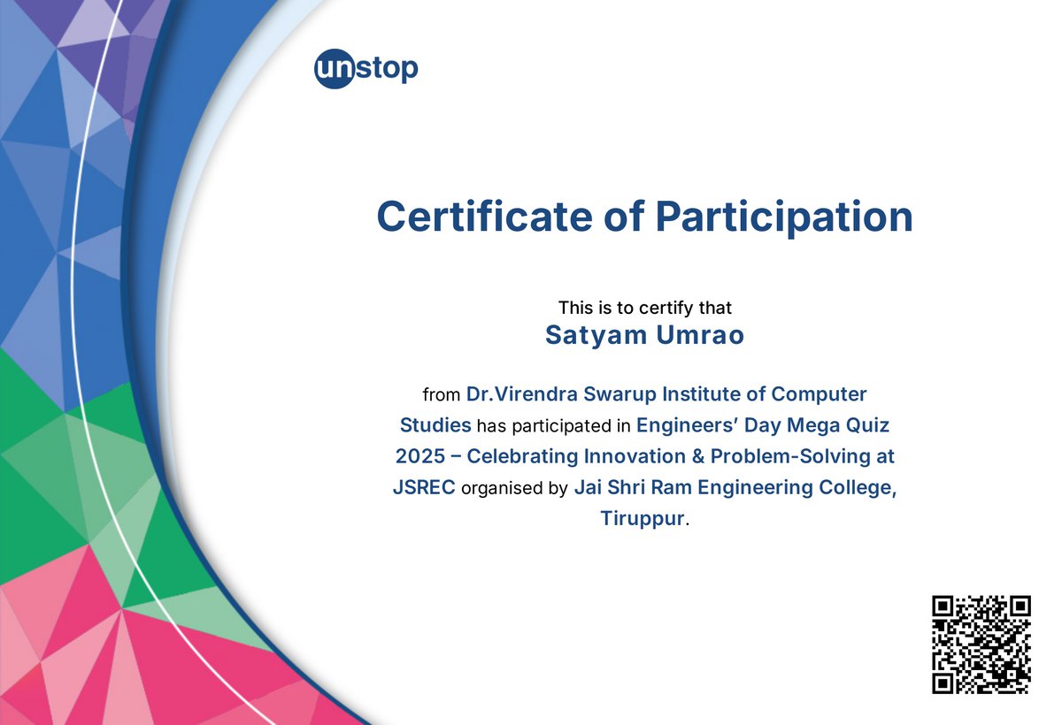 SatyamUmrao_'s tweet image. Happy to receive my Certificate of Participation in the Engineers’ Day Mega Quiz 2025 at JSREC, celebrating innovation and problem-solving. 🚀
#EngineersDay #JSREC #Innovation #ProblemSolving #Certificate
