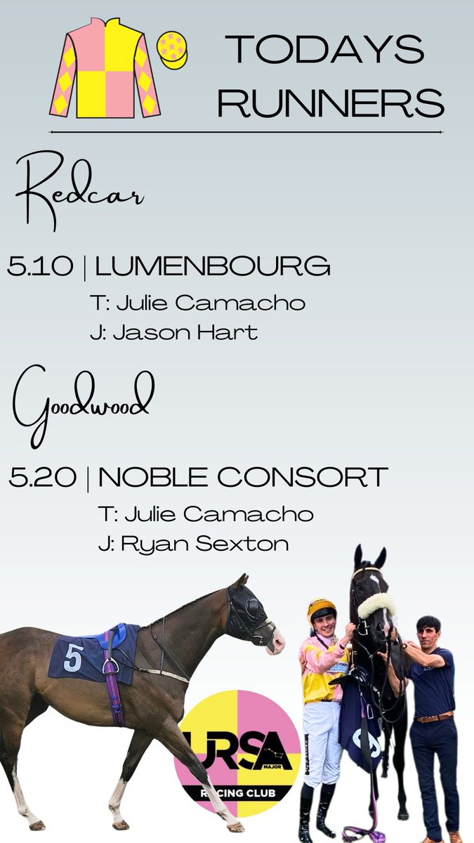Ursa Major Racing Ltd (@ursamajorracing) on Twitter photo It’s a <a href="/JCamachoRacing/">Julie Camacho Racing</a> squad today!
Lumenbourg is first to go at Redcar followed my Noble Consort down at Goodwood!
Exciting tea time viewing 👀 good luck all owners 🩷 It’s a <a href="/JCamachoRacing/">Julie Camacho Racing</a> squad today!
Lumenbourg is first to go at Redcar followed my Noble Consort down at Goodwood!
Exciting tea time viewing 👀 good luck all owners 🩷