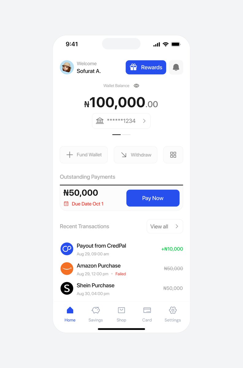 In my redesigned CredPal homepage, the wallet balance is clearly placed for instant clarity. “Fund Wallet” and “Withdraw” are grouped for quick action, the outstanding payment is highlighted with “Pay Now,” and recent transactions are simplified for easy scanning.
