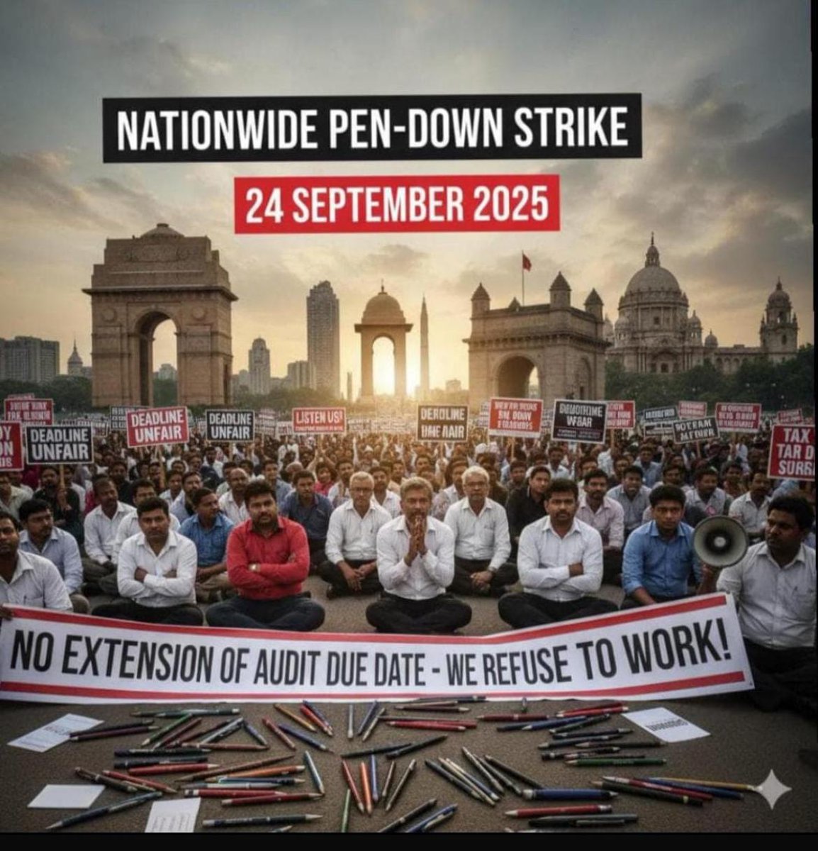 🚨 Nationwide Pen-Down Strike – 24th Sept 2025 🚨
📢 No Tax Audits Today!

No TAR extension = Insult to taxpayers &amp; professionals.
Let’s stand united against this neglect.

No Audit Work Today! ✊
#PenDownStrike #standtogether #extend_ITR_TAR_duedates
#ExtendTaxAuditDueDate
