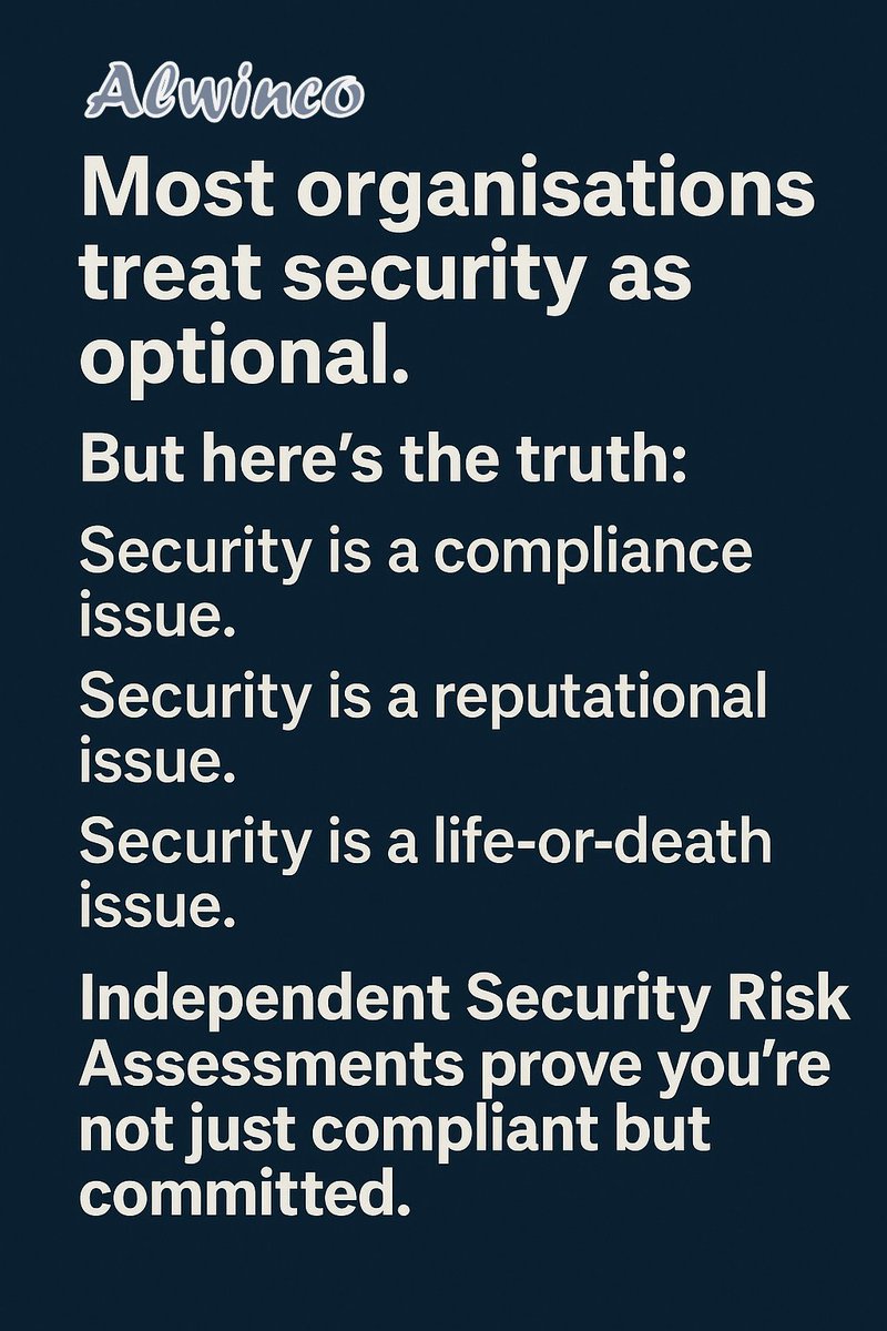 Alwinco's tweet image. Most see security as optional. In reality, it’s compliance, reputation &amp;amp; life-or-death. Independent Security Risk Assessments show you’re not just compliant, but committed. #Alwinco #SecurityRiskAssessment #Crime
@WesternCapeGov
@GP_CommSafety
@CityofJoburgZA