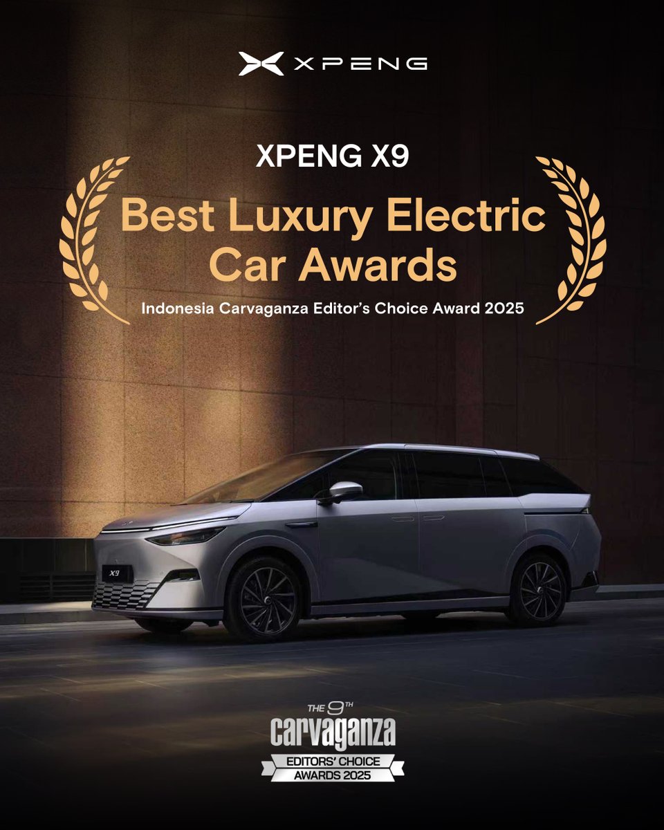 XPengMotors's tweet image. XPENG continues to make strides in luxury EVs!
The XPENG X9 has been awarded "Best Luxury Electric Car" at the 2025 Indonesia Carvaganza Editor’s Choice Awards.
We’re committed to perfection—for your exceptional journeys.
$XPEV