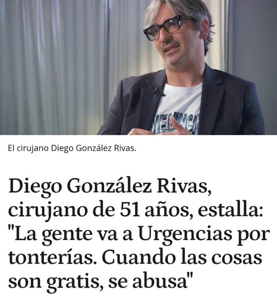 Diego González, la sanidad pública, igual que cualquier otra no es gratuita. La pagamos los trabajadores con nuestros impuestos.
Pero mientras la primera salva a todos, la privada solo a quien la puede pagar.
Las urgencias están saturadas porque no funciona la atencion primaria.