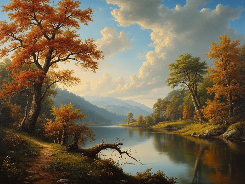 Painting of a pleasantly moderate autumnal Italian Baroque landscape, generated via the Grok 2 AI. The colors of the leaves are beginning to turn, although most trees remain green. One sees a brief trail segment that winds its ways along the shores of the wide river. There is
