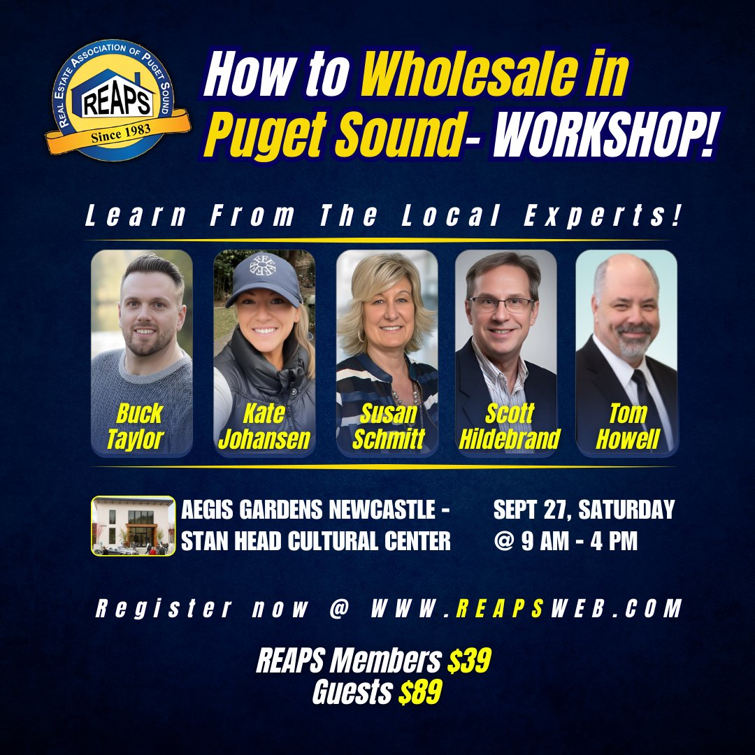 REAPSweb's tweet image. How to Wholesale in Puget Sound: Workshop w/Local Experts!
Buck Taylor &amp;amp; Kate Johansen:  Local wholesalers
Susan Schmitt: title &amp;amp; escrow pro
Scott Hildebrand: real estate attorney 
Tom Howell: tax pro 
Sat Sept 27
9a-4PM
Newcastle
REAPS $39
Guests $89
Register at REAPSweb dot com