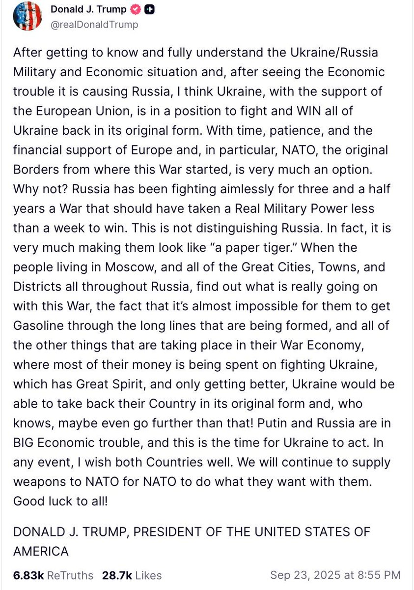 Äußerst interessanter Post von Trump. Bin gespannt wie diese Aussage von Osteuropa- u militärischen Experten eingestuft werden: