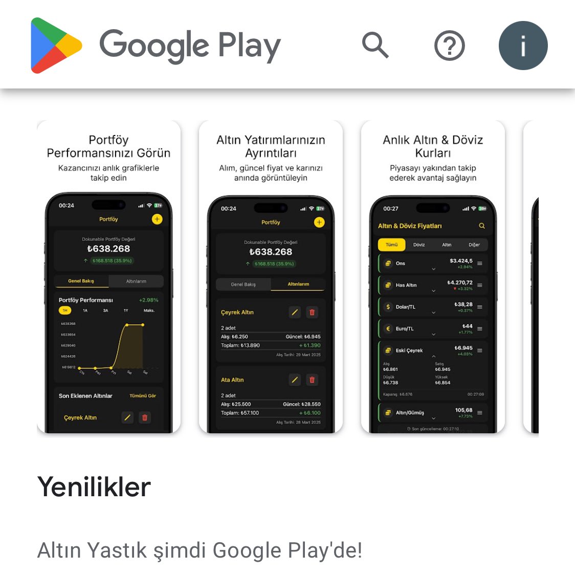 yatirimci_coder's tweet image. Beklenen gün geldi! 🚀
iOS'te binlerce kullanıcının severek kullandığı Altın Yastık şimdi Google Play’de 💛📱
Hemen indir, portföyünü takip et, piyasaları izle, diğer kullanıcılarla sohbet et! 🚀