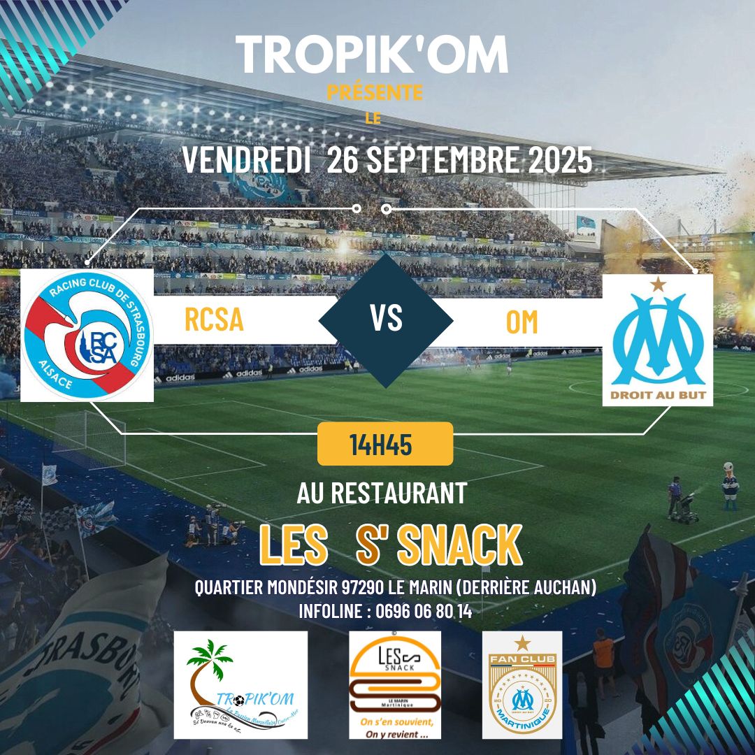 📣Marseillais, Marseillaises RASSEMBLEMENT !!!

📝 Vendredi 26 Septembre 2025
⏱️ 14H45 
👕Strasbourg vs Olympique de Marseille 

📍 Les S' SNACK Quartier Mondesir 97290 Le Marin (derrière Auchan)

 maps.app.goo.gl/iKoZZcXU2jWyi5…
<a href="/OM_Officiel/">Olympique de Marseille</a> <a href="/lephoceen/">Le Phocéen</a>
