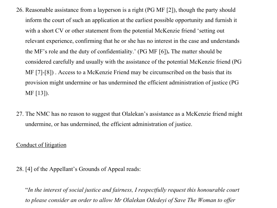 stwenactus's tweet photo. McKenzie friend & their roles? #NMCCBT #CBTsaga The @nmcnews has no reason to suggest that Olalekan’s assistance as a McKenzie friend might undermine, or has undermined, the efficient administration of justice. @TheNorthernEcho @NursingTimes @Ella_Devereux @HSJnews @SteveJFord https://t.co/Iu5Iqxj2Rj