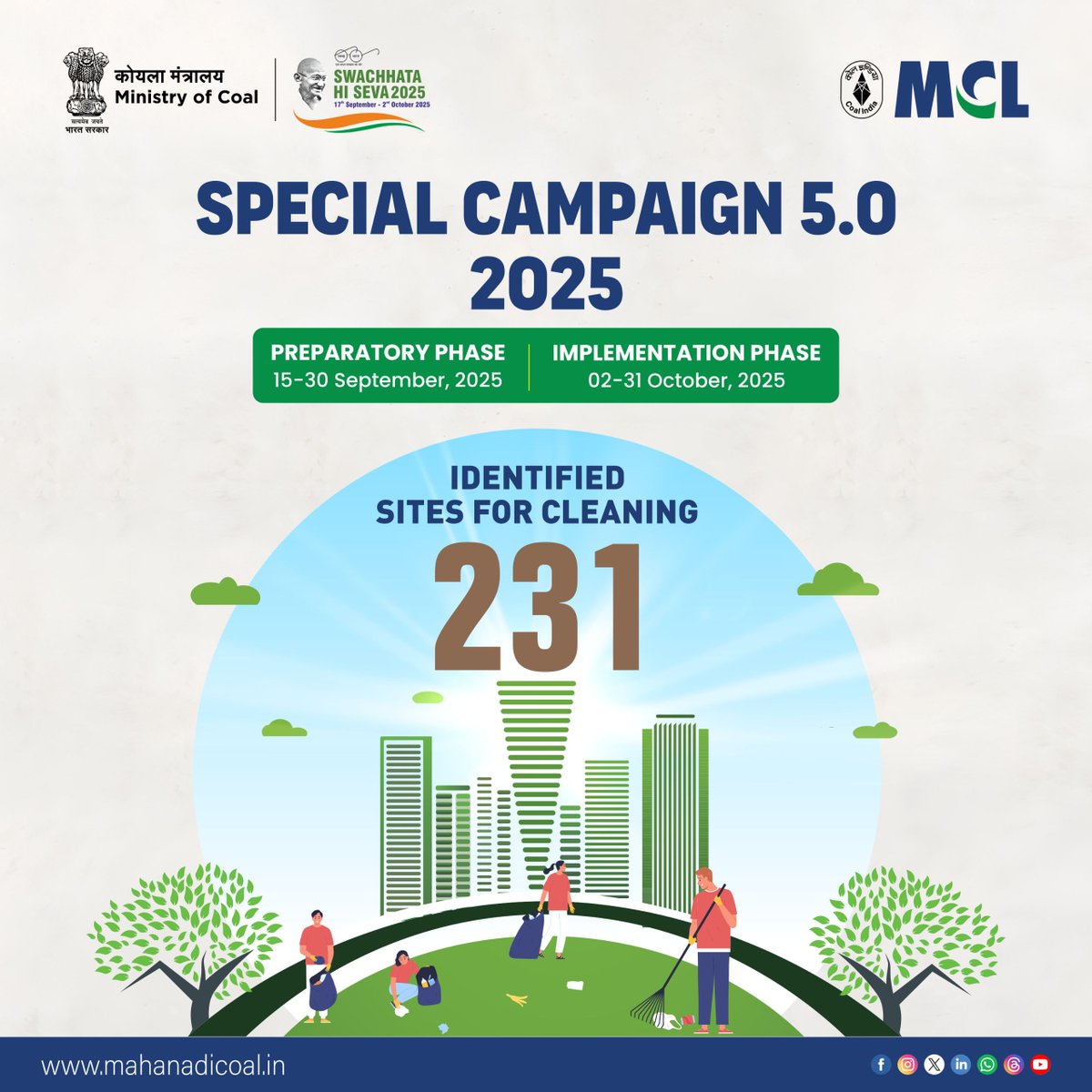mahanadicoal's tweet photo. MCL is all set for #SpecialCampaign5.0, with a total of 231 sites identified for cleaning.  Let's work together for a cleaner, greener future!

#shs2025 #swachhatahiseva2025 #swachhotsav #greenworkspaces #ecofriendly #sustainability #mymcl #beyondcoal
@CoalMinistry @CoalIndiaHQ https://t.co/amhc02u7r1