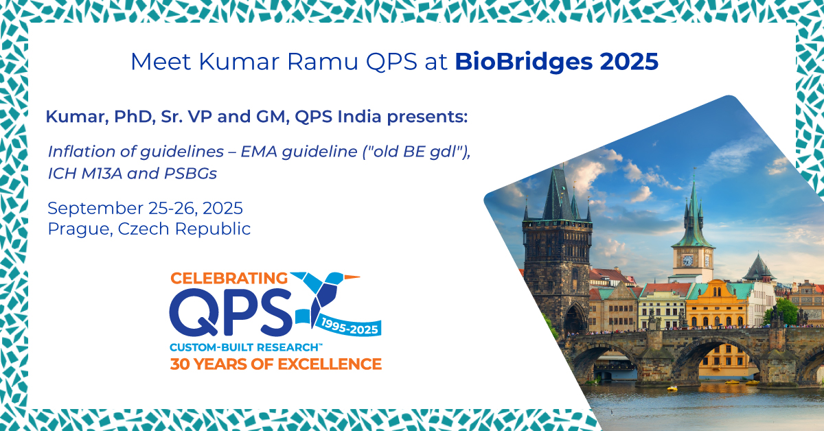 QPSHoldingsLLC's tweet image. Meet Kumar Ramu, Sr. VP, General Manager #QPS India, at #BioBridges2025, Sept 25-26 in Prague, where he will be giving a talk on EMA #ICHguidelines. Explore QPS India clinical trial services capabilities at shorturl.at/qqQaX or email info@qps.com. #generics