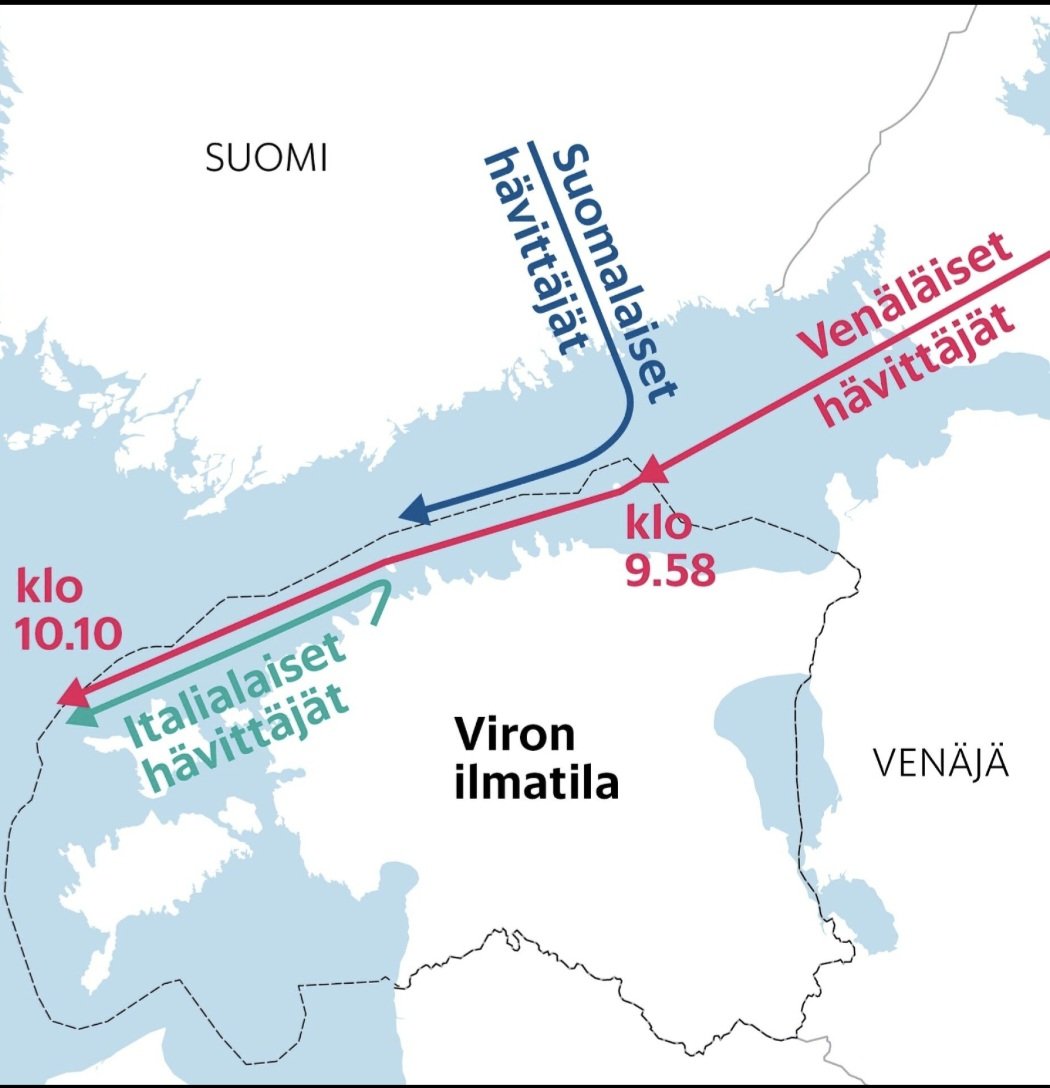 Flight paths in russia's violation of Estonian air space 19 Sept. Red, russian MiGs, blue, 🇫🇮 F/A18s, green, 🇮🇹 F35s. Black line indicates 🇪🇪 airspace. Tallinn is approximately where ITA flight begins. Image by <a href="/hsfi/">Helsingin Sanomat</a>
