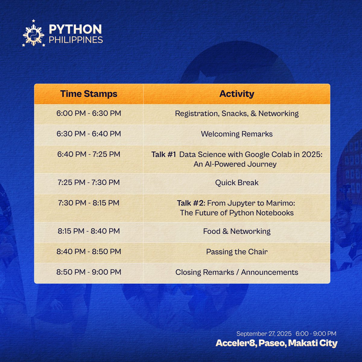 pythonph's tweet image. This September 27 (Saturday), the spotlight is on Python in Practice: Data that Works
👀 Something is brewing behind the scenes, & this meetup might drop a clue.
👉 Reserve your spot now: bit.ly/4ngaMAD
#pythonph2025 #PHTechCommunity #pythonphseptembermeetup #pythonph
