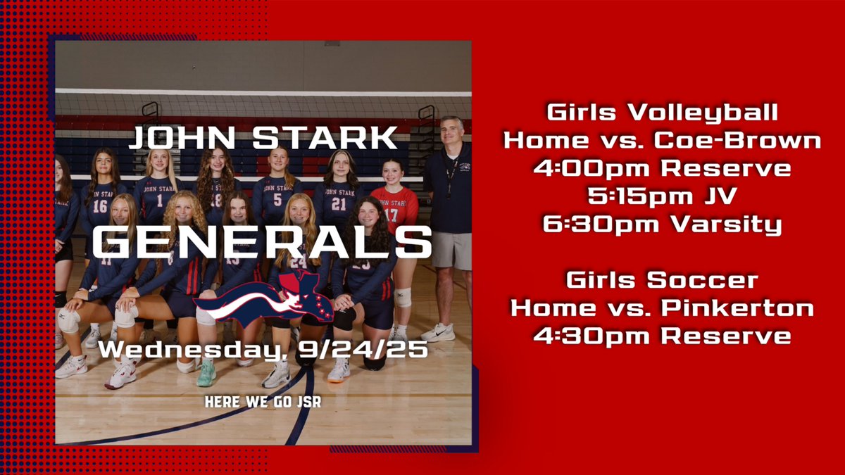 Game Day at John Stark! ⚽🏐

This afternoon, Reserve Girls Soccer hosts Pinkerton Academy in what’s sure to be an exciting matchup!

Meanwhile, Girls Volleyball takes on the Coe-Brown Bears at home with a triple header—don't miss the action! 💥

Come out &amp; support our teams!