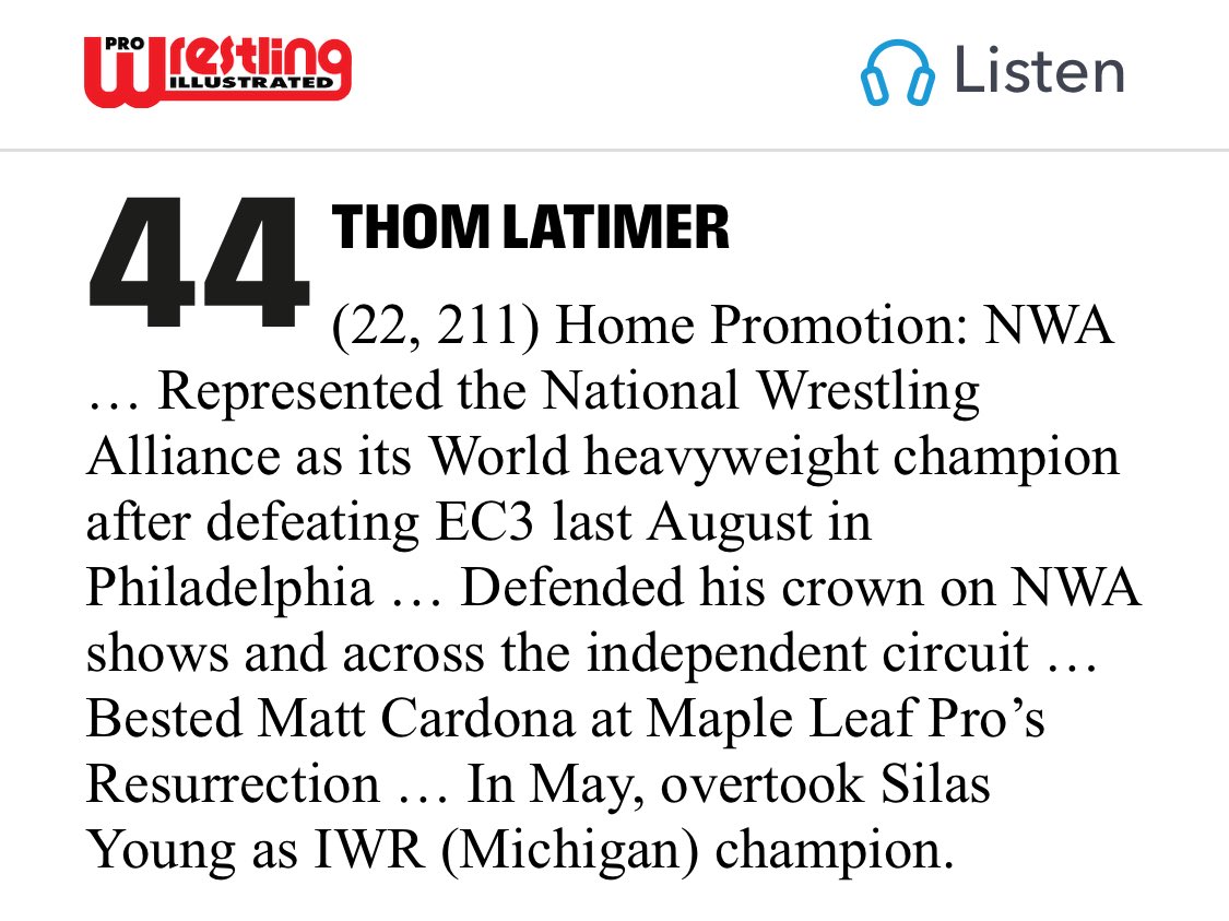 Congratulations to NWA Worlds Champion <a href="/Thomas_Latimer_/">Thomas Raymond Latimer</a>, Ranked No. 44 in the 2025 <a href="/OfficialPWI/">PWI (Pro Wrestling Illustrated)</a> 500 — but No. 1 in the hearts of National Wrestling Alliance fans worldwide.