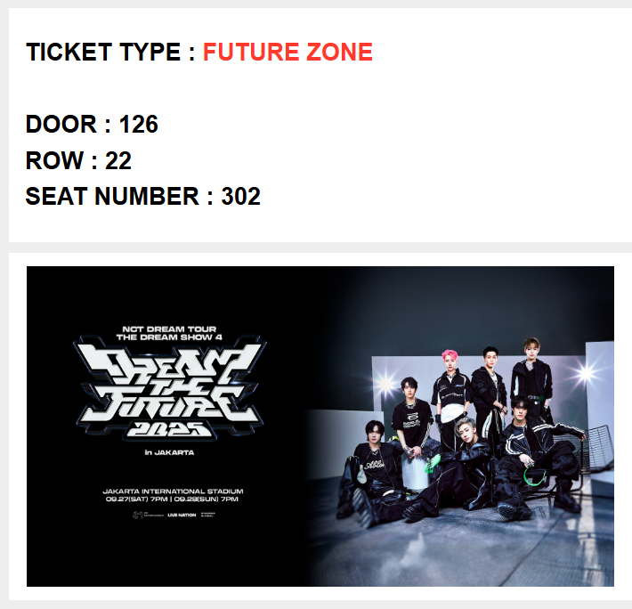 in_ddina's tweet photo. Mau WTS juga yaa

[WTS / WANT TO SELL] NCT Dream The Dream Show 4 TDS4 in Jakarta  

Day 2, 28 September 2025
Future Zone Door 126 - Row 22

Original Price aja,
-  diurus tiket fisik 
- dp kecil/full payment boleh
- COD venue 

rts : mau upgrade
wts wtt wtb https://t.co/h5isYjHBSd