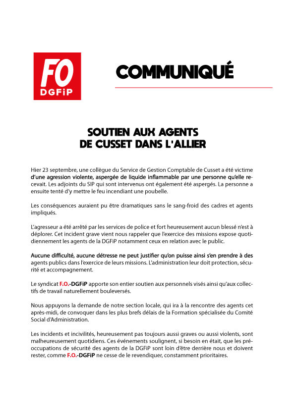 F.O.-DGFiP apporte son total soutien aux agents de Cusset dans l'Allier après la violente agression du 23 septembre. La sécurité des agents doit rester, comme nous le revendiquons, une constante priorité !
urlr.me/T6XJQ5
#LaForceDuCollectif