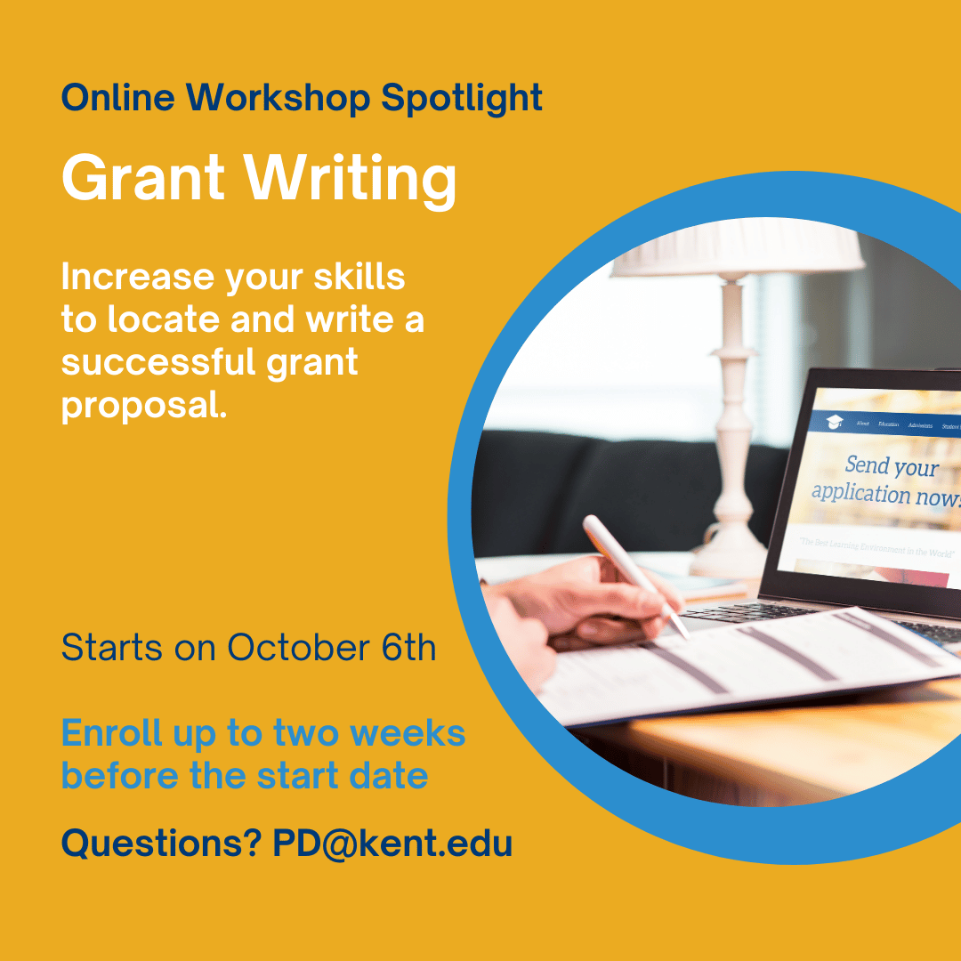 #OnlineWorkshop: Grant Writing

Fall 2025: October 6 - December 5
2 credit hours, grad or undergrad
Instructor: Dr. M. Amanda Johnson

Questions? PD@kent.edu

Looking for other workshops? kent.edu/CreditWorkshops

#KentStatePDO #ProfessionalDevelopment #GrantWriting #Grants