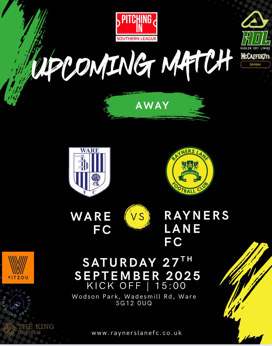 🚨 MATCHDAY ALERT 🚨

This Saturday we hit the road as Rayners Lane FC take on Ware FC in the Southern League! 💛💚⚽️

📍 Wodson Park, Ware
🗓 Saturday 27th September 2025
⏰ Kick-off: 3PM

We need our Lane Army backing the boys away from home – let’s fill the stands and bring