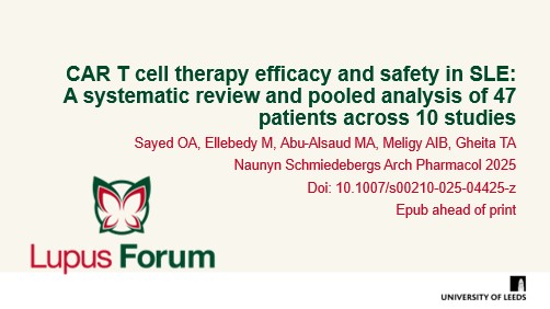 Sayed et al. reported that CAR T cells showed promise in refractory SLE, achieving durable remission with manageable toxicity; further trials are needed to confirm long-term outcomes. 
Get your insights now on the #LupusForum ow.ly/NRg850WVCt6