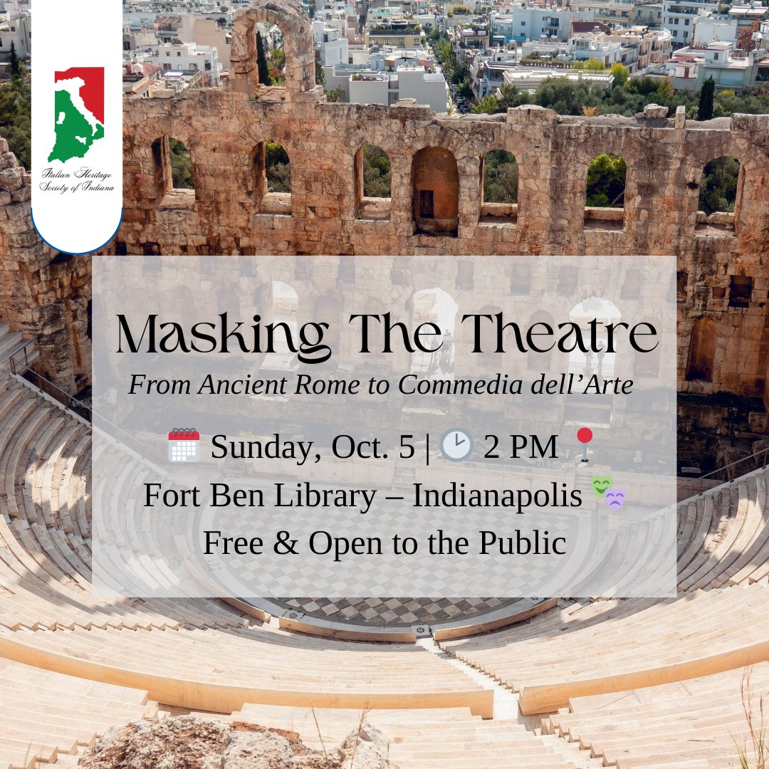 IHSIndiana's tweet image. 🎭 Join us Oct. 5 at 2PM for “Masking the Theatre” w/ Dr. Christopher Bungard at Fort Ben Library! Get hands-on as you explore Roman &amp;amp; Commedia dell’Arte mask traditions. Q&amp;amp;A and refreshments to follow. Free &amp;amp; open to all! #IHSI #IndyEvents #ItalianHeritage #CommediaDellArte