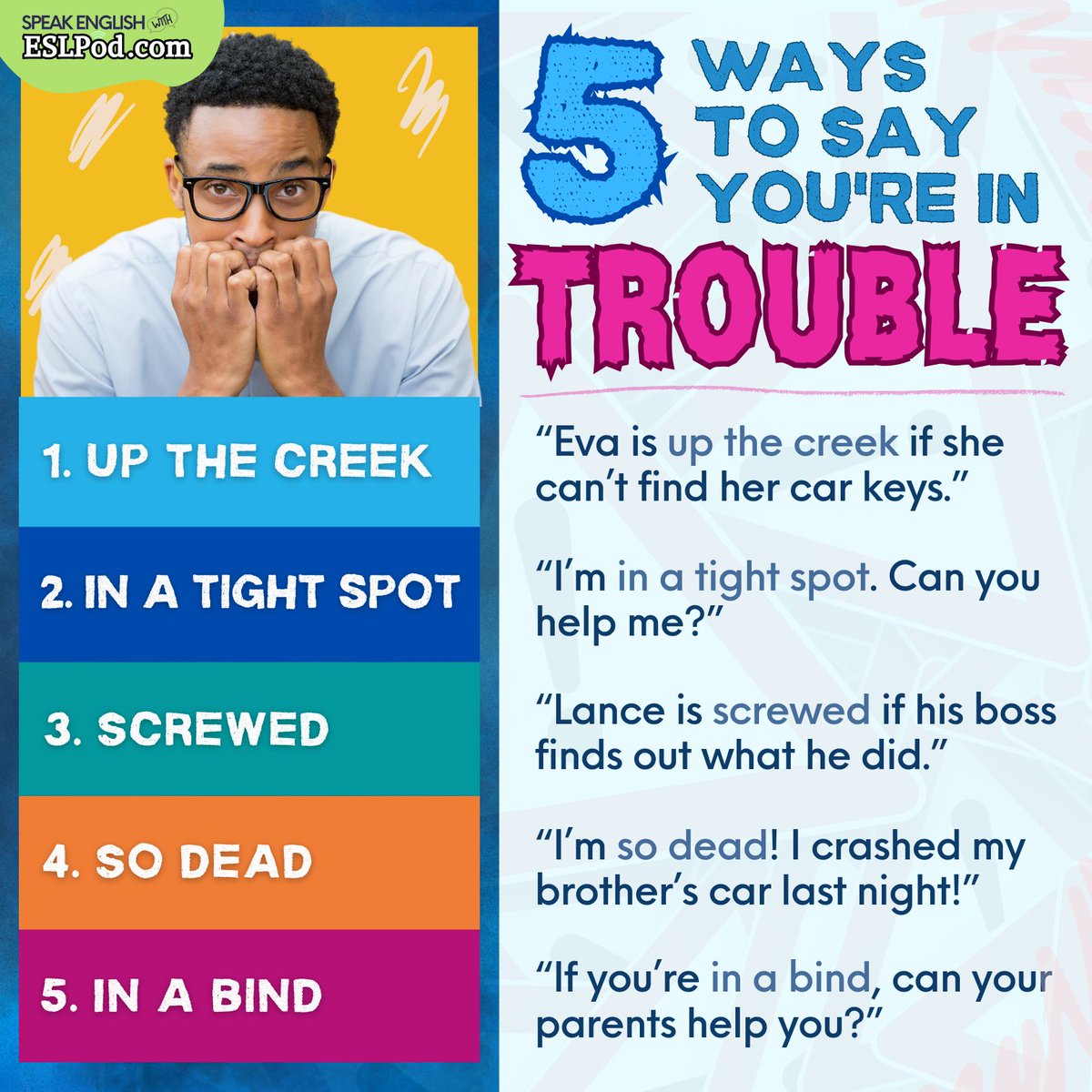 5 WAYS TO SAY YOU'RE IN TROUBLE

Looking for a new way to improve your English? Try one of our Unlimited English lessons for FREE. Just go here:
tv.eslpod.com/p/free-english…

Try a lesson for FREE - no credit card needed! 
tv.eslpod.com/p/free-english…

~Jeff

#askateacher #vocabulary
