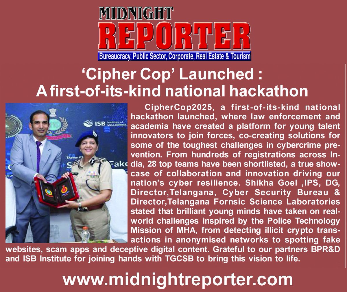 #CipherCop launched !!

<a href="/Shikhagoel_IPS/">Shikha Goel, IPS</a> 
<a href="/TelanganaCMO/">Telangana CMO</a> 
<a href="/TelanganaCOPs/">Telangana Police</a> 

#MidnightReporter's September month Hindi Diwas released by  Prof.R.S.Sarraju, Former Pro Vice Chancellor, 
University of Hyderabad.

Epaper : 
midnightreporter.com/September_2025…

#DrChaitanyaSingh