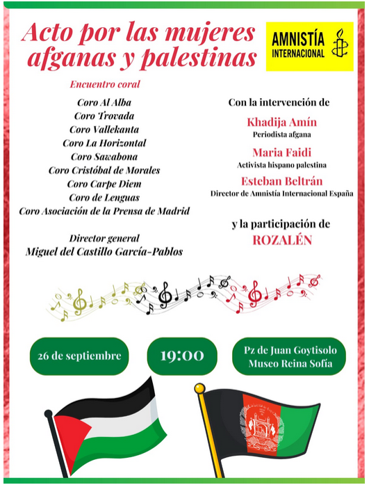 amnistiaespana's tweet photo. De apartheid y genocidio: mujeres de Gaza, mujeres de Afganistán. Alzamos nuestras voces contra el silencio y la indiferencia. Vente al concierto:
🗓️ Viernes 26 de septiembre.
⏰ 19h
❗ Plaza de Juan Goytisolo, Madrid 
Además participarán tres mujeres potentes:  @khadija51922579,  @RozalenMusic y Maria Faidi.

Cc @amnistiamadrid