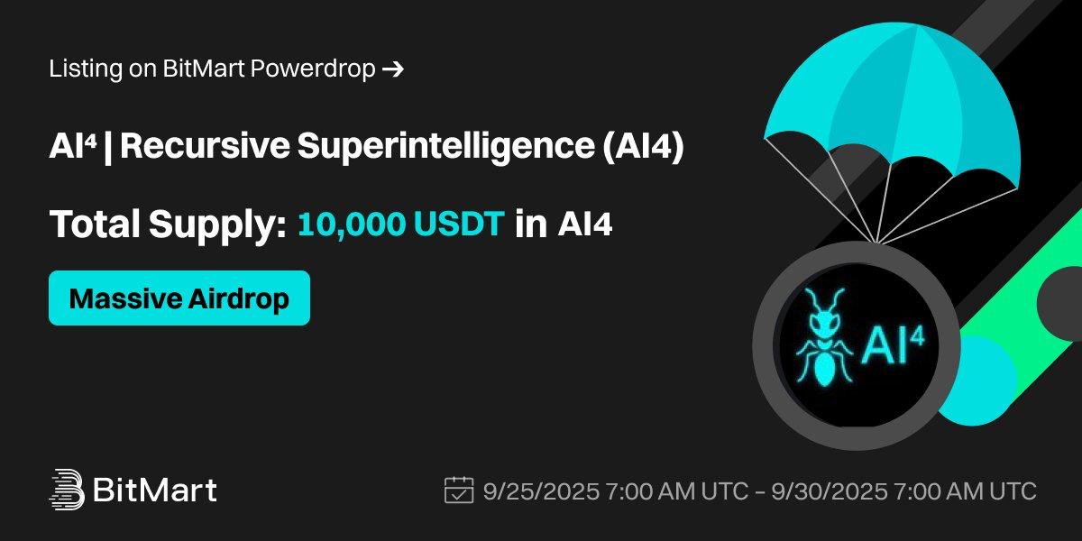 Stellamari65691's tweet photo. Tweet 1
🚀 Big news fam! AI⁴ (AI4) is now live on BitMart Powerdrop 🌐
10,000 USDT worth of AI4 up for grabs! 🔥
@BitMartExchange #AI4 #BitMartPowerdrop #CryptoNews #Airdrop https://t.co/NWl8AM31jA