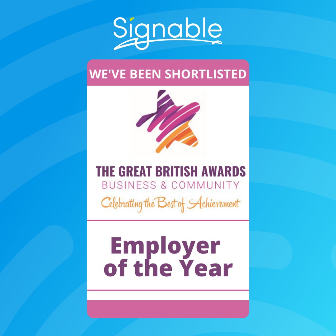 🌟 We’re proud to announce that Signable has been shortlisted for Employer of the Year at the Great British Business and Community Awards! 🌟

✨The results gare oing to be announced tonight. Good luck to everyone!

#GreatBritishBusiness #gbbcawards