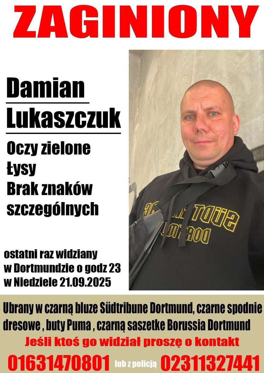 hakandzi's tweet photo. MISSING!

Green eyes
Bald
No distinguishing marks
Last seen in Dortmund at 23:00 on Sunday 21.09.2025

Dressed in a black Südtribüne Dortmund hoodie, black sweatpants, Puma shoes, black Borussia Dortmund fanny pack
If anyone has seen him, contact 01631470801 or 02311327441

rt https://t.co/hdvWX6QO8k